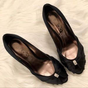 A L D O : Embellished Black Satin Peep-toe Pumps